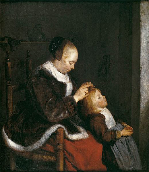 A mother combing the hair of her child, known as Hunting for lice